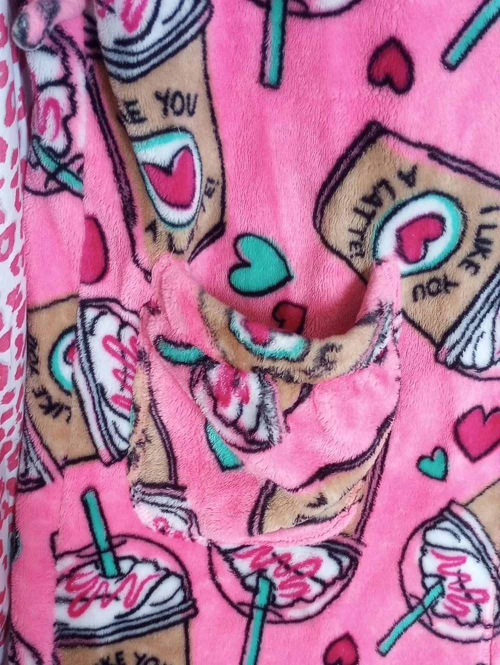 Pink Fleece Hoodie Robe with Coffee & Hearts Print